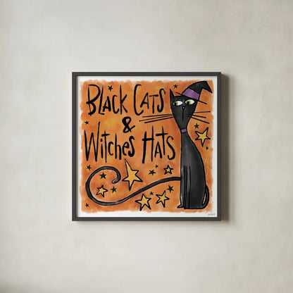 Black Cats and Witches Hats I by Anne Tavoletti. Shown in a sleek black glass frame for a contemporary gallery look. Available as an archival giclee rolled canvas, fine art paper, or poster print. SKU 73732a.