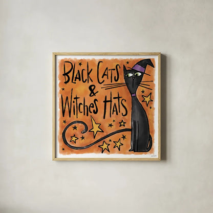 Black Cats and Witches Hats I by Anne Tavoletti. Shown in a natural wood glass frame for a timeless modern aesthetic. Available as an archival giclee rolled canvas, fine art paper, or poster print. SKU 73732a.