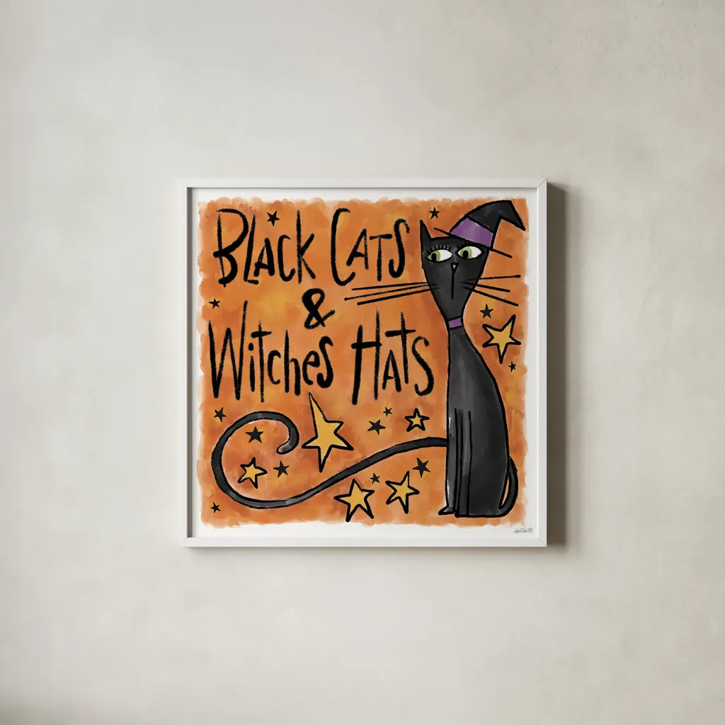 Black Cats and Witches Hats I by Anne Tavoletti. Shown in a crisp white glass frame for a clean and minimalist style. Available as an archival giclee rolled canvas, fine art paper, or poster print. SKU 73732a.