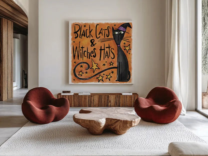 Black Cats and Witches Hats I by Anne Tavoletti. Shown as extra-large giant wall art in a modern living room. Available as an archival giclee rolled canvas, fine art paper, or poster print. SKU 73732a.
