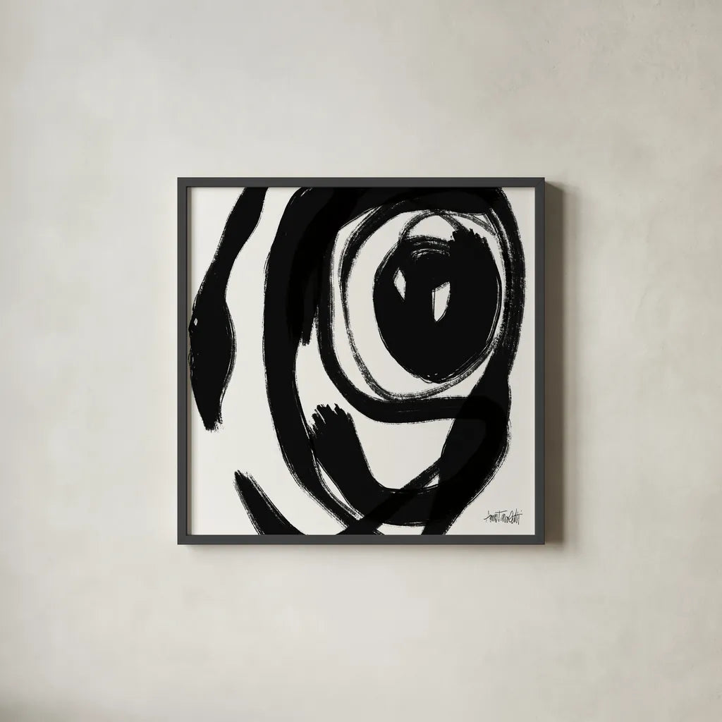 Black and White Abstract I by Anne Tavoletti. Shown in a sleek black glass frame for a contemporary gallery look. Available as an archival giclee rolled canvas, fine art paper, or poster print. SKU 77912a.