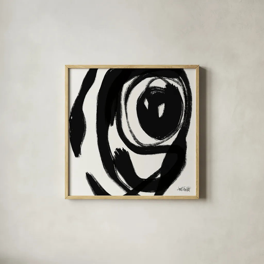 Black and White Abstract I by Anne Tavoletti. Shown in a natural wood glass frame for a timeless modern aesthetic. Available as an archival giclee rolled canvas, fine art paper, or poster print. SKU 77912a.