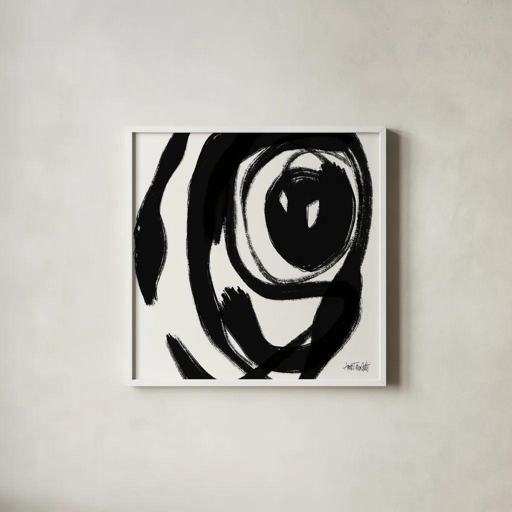 Black and White Abstract I by Anne Tavoletti. Shown in a crisp white glass frame for a clean and minimalist style. Available as an archival giclee rolled canvas, fine art paper, or poster print. SKU 77912a.