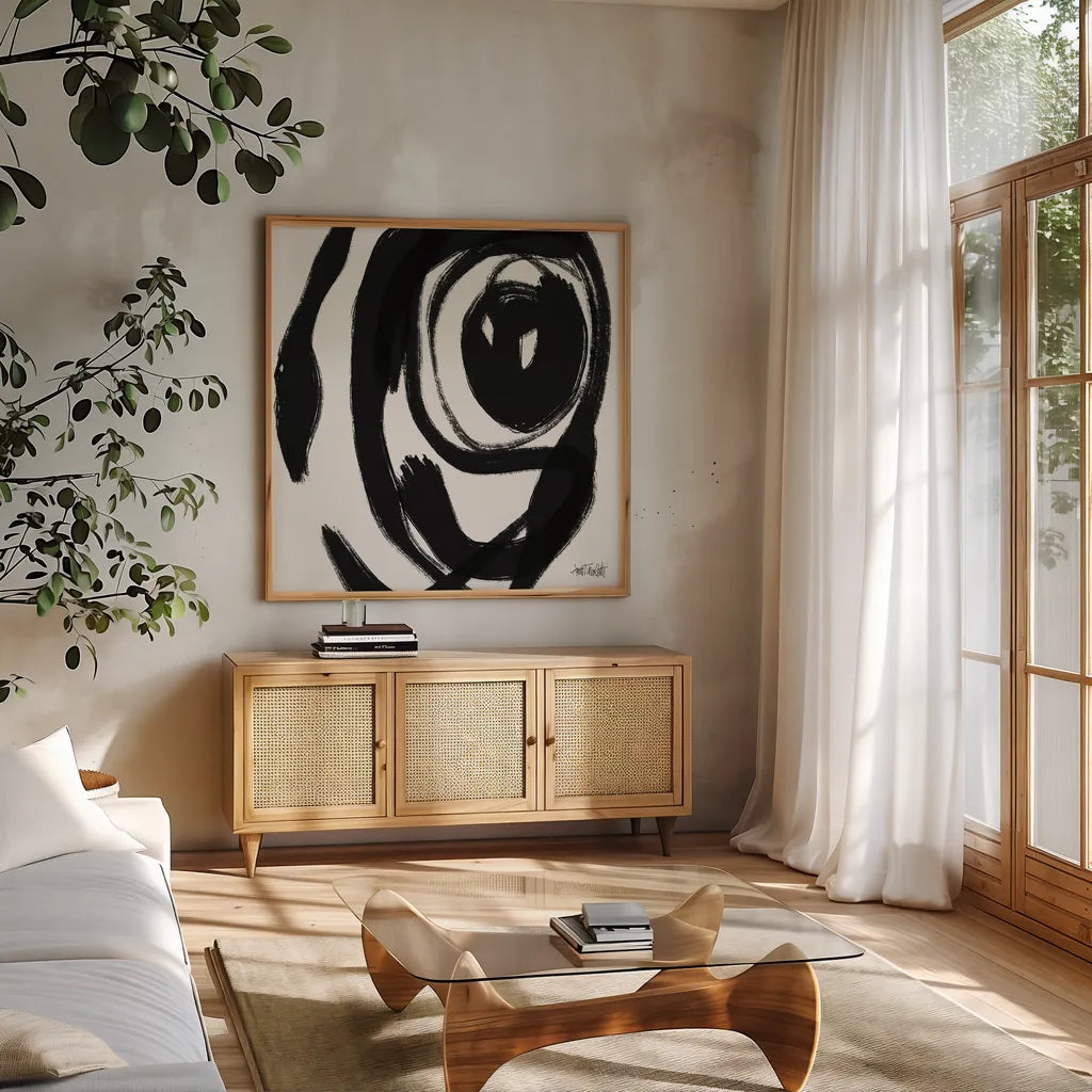 Black and White Abstract I by Anne Tavoletti. Shown in a natural wood frame in a cozy modern living room. Available as an archival giclee rolled canvas, fine art paper, or poster print. SKU 77912a.