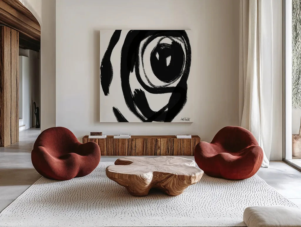 Black and White Abstract I by Anne Tavoletti. Shown as extra-large giant wall art in a modern living room. Available as an archival giclee rolled canvas, fine art paper, or poster print. SKU 77912a.