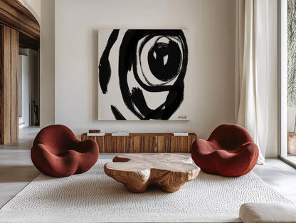 Black and White Abstract I by Anne Tavoletti. Shown as extra-large giant wall art in a modern living room. Available as an archival giclee rolled canvas, fine art paper, or poster print. SKU 77912a.