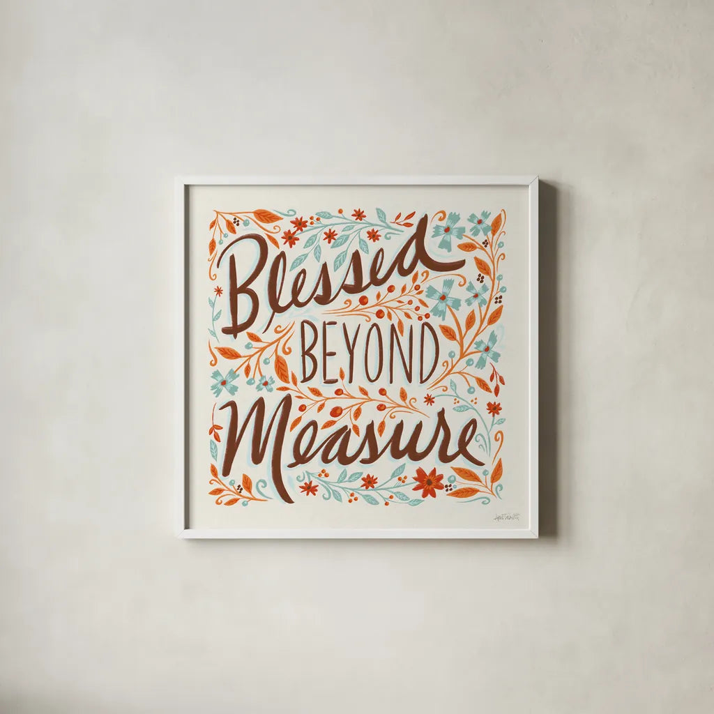 Blessed Beyond Measure I by Anne Tavoletti. Shown in a crisp white glass frame for a clean and minimalist style. Available as an archival giclee rolled canvas, fine art paper, or poster print. SKU 60835a.