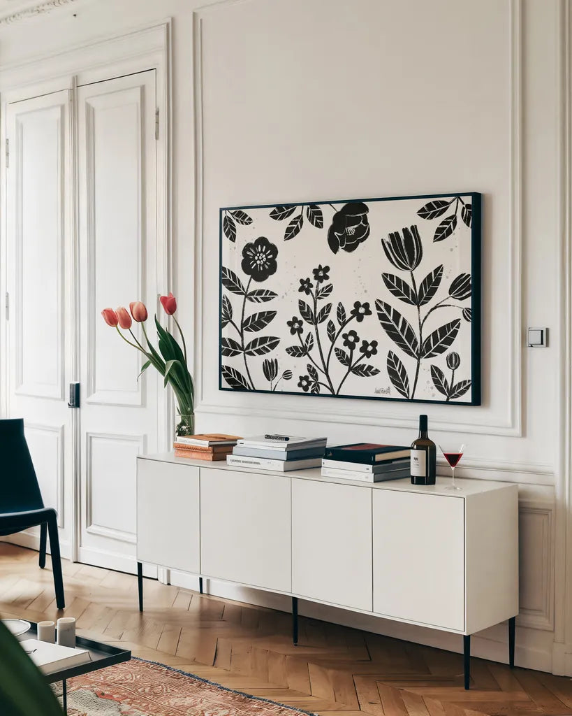 Bold Blooms I by Anne Tavoletti. shown as a framed stretched canvas in a living room above a console. Available as a archival giclee rolled canvas, fine art paper, or poster print. SKU 75196i.