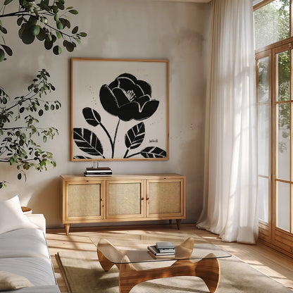 Bold Blooms VI by Anne Tavoletti. Shown in a natural wood frame in a cozy modern living room. Available as an archival giclee rolled canvas, fine art paper, or poster print. SKU 75201a.