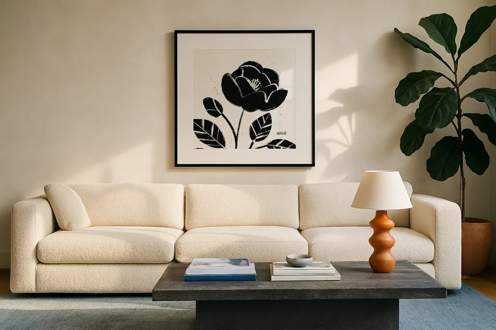 Bold Blooms VI by Anne Tavoletti. Displayed in a glass frame with matte in a clean modern living room. Available as an archival giclee rolled canvas, fine art paper, or poster print. SKU 75201a.