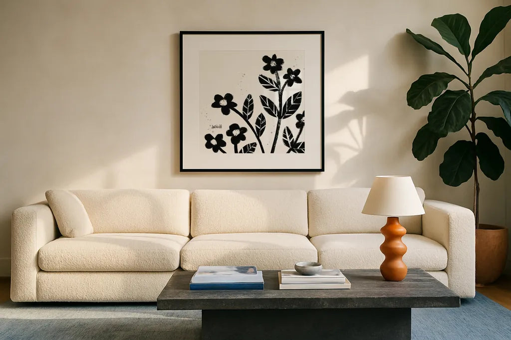 Bold Blooms VII by Anne Tavoletti. Displayed in a glass frame with matte in a clean modern living room. Available as an archival giclee rolled canvas, fine art paper, or poster print. SKU 75202a.