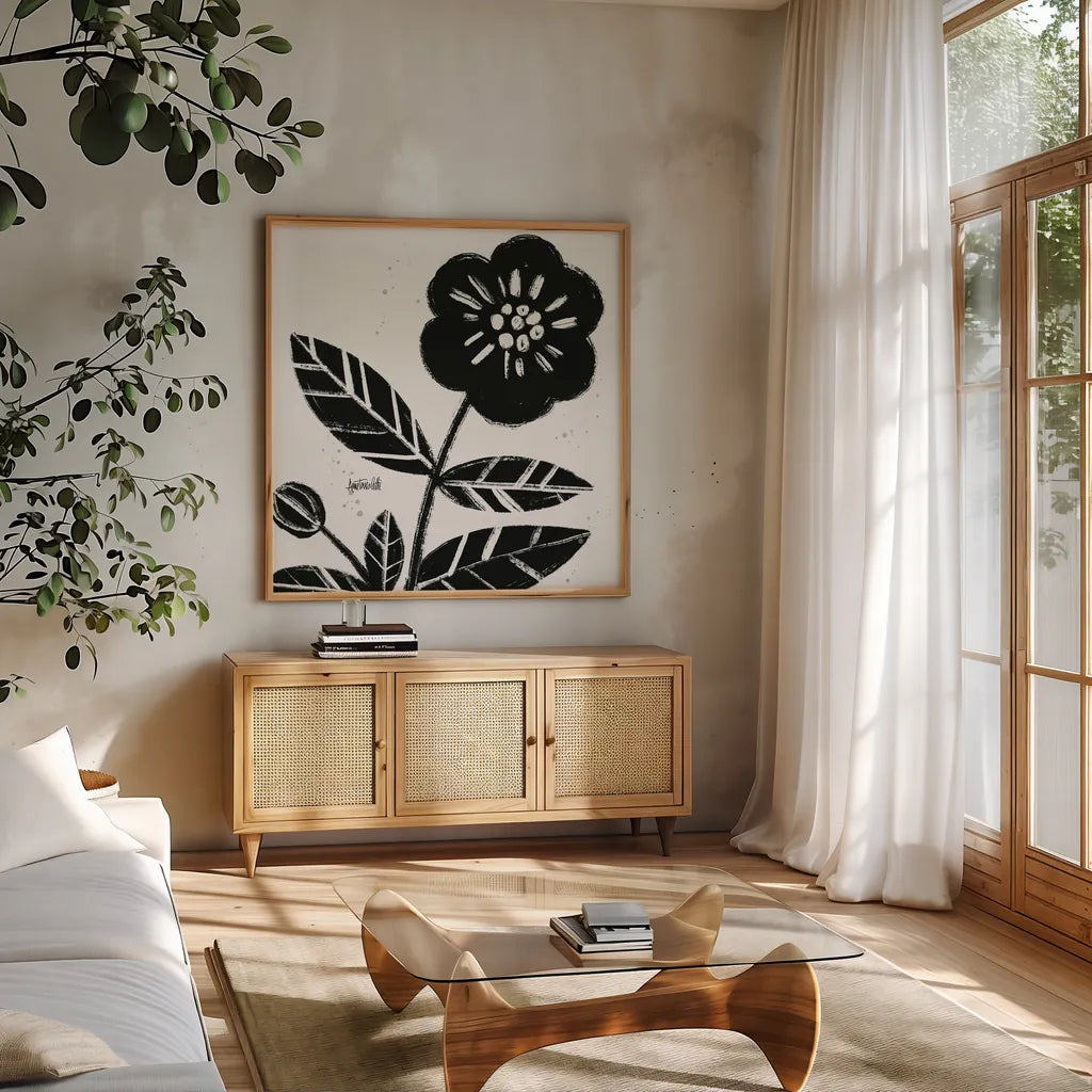 Bold Blooms VIII by Anne Tavoletti. Shown in a natural wood frame in a cozy modern living room. Available as an archival giclee rolled canvas, fine art paper, or poster print. SKU 75203a.