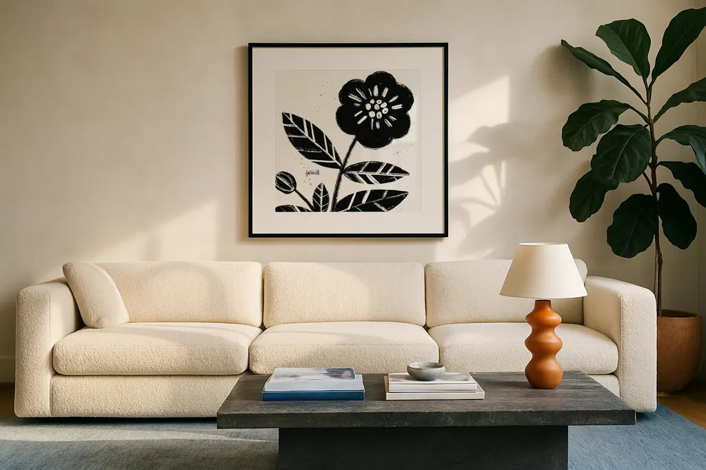 Bold Blooms VIII by Anne Tavoletti. Displayed in a glass frame with matte in a clean modern living room. Available as an archival giclee rolled canvas, fine art paper, or poster print. SKU 75203a.
