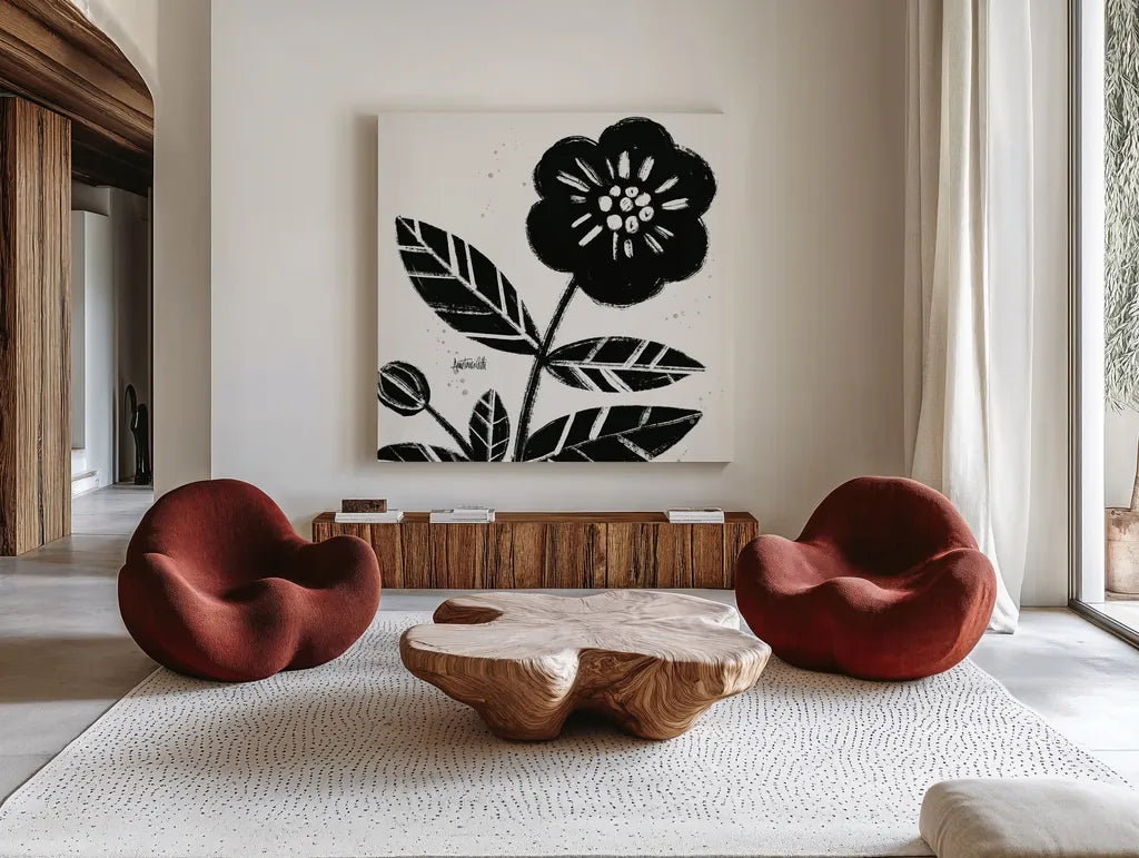 Bold Blooms VIII by Anne Tavoletti. Shown as extra-large giant wall art in a modern living room. Available as an archival giclee rolled canvas, fine art paper, or poster print. SKU 75203a.