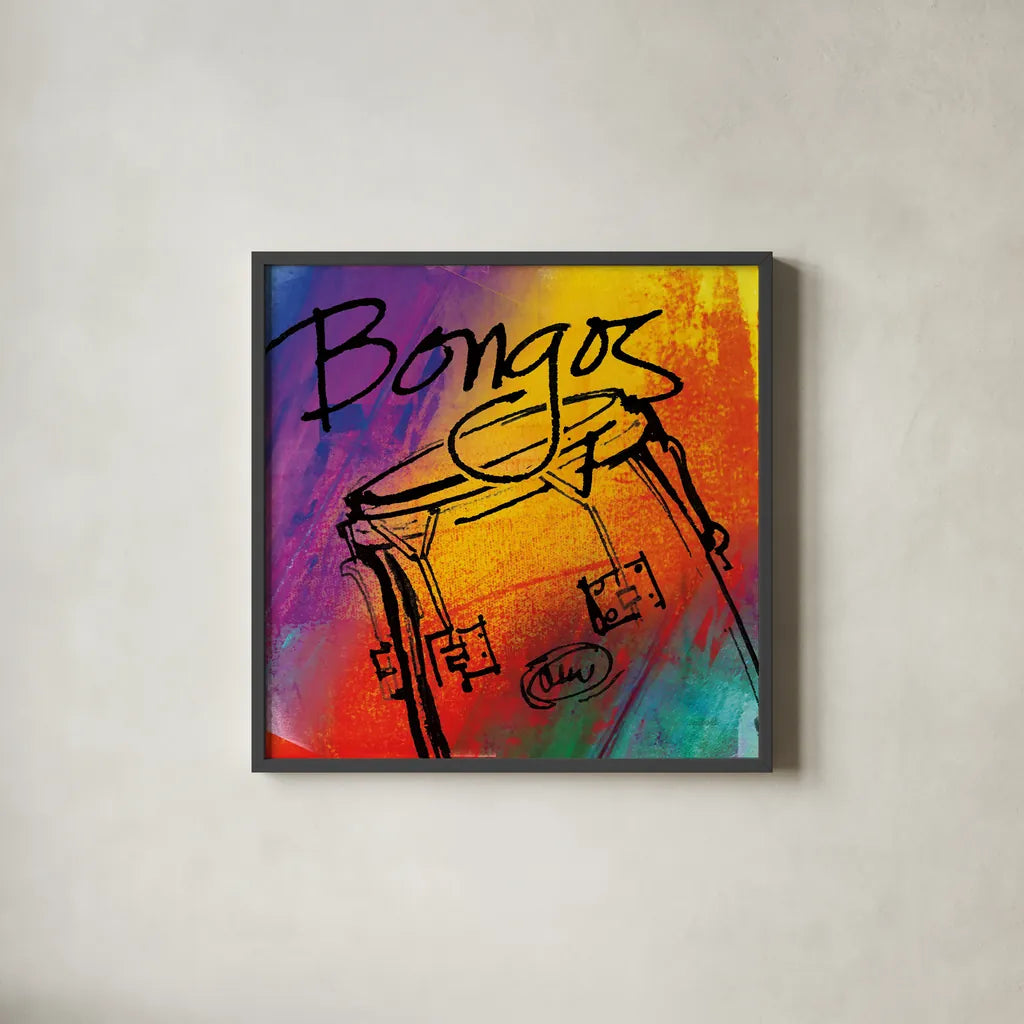 Bongo by Anne Tavoletti. Shown in a sleek black glass frame for a contemporary gallery look. Available as an archival giclee rolled canvas, fine art paper, or poster print. SKU 59273a.