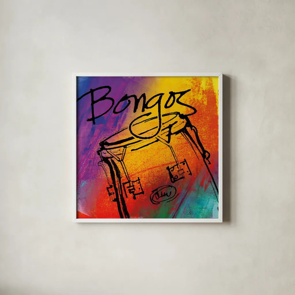 Bongo by Anne Tavoletti. Shown in a crisp white glass frame for a clean and minimalist style. Available as an archival giclee rolled canvas, fine art paper, or poster print. SKU 59273a.