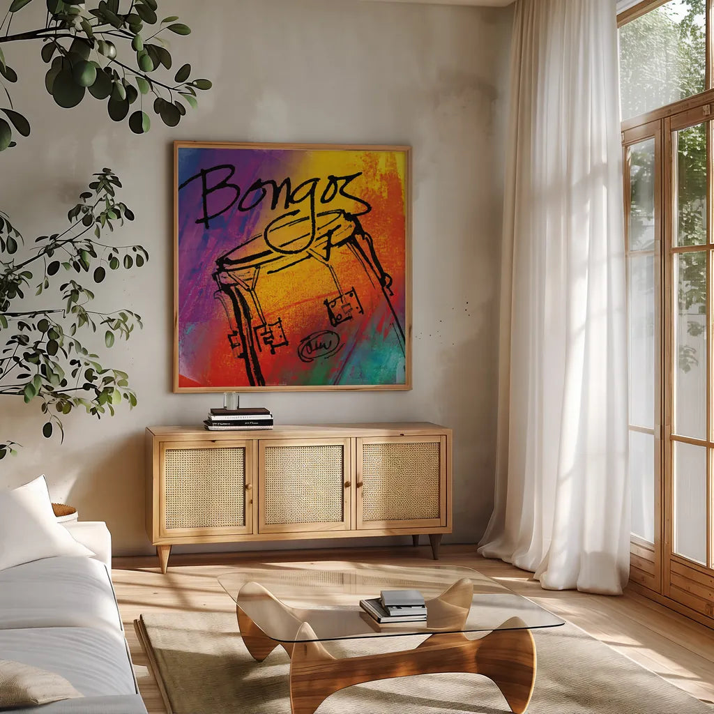 Bongo by Anne Tavoletti. Shown in a natural wood frame in a cozy modern living room. Available as an archival giclee rolled canvas, fine art paper, or poster print. SKU 59273a.
