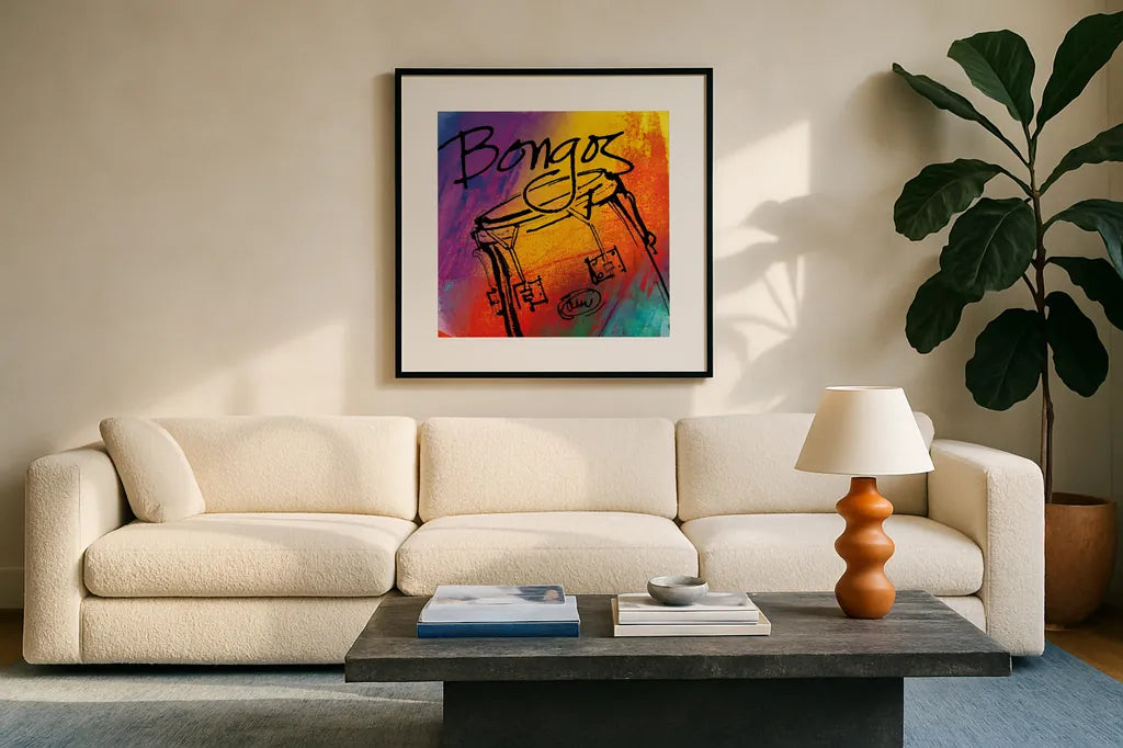 Bongo by Anne Tavoletti. Displayed in a glass frame with matte in a clean modern living room. Available as an archival giclee rolled canvas, fine art paper, or poster print. SKU 59273a.