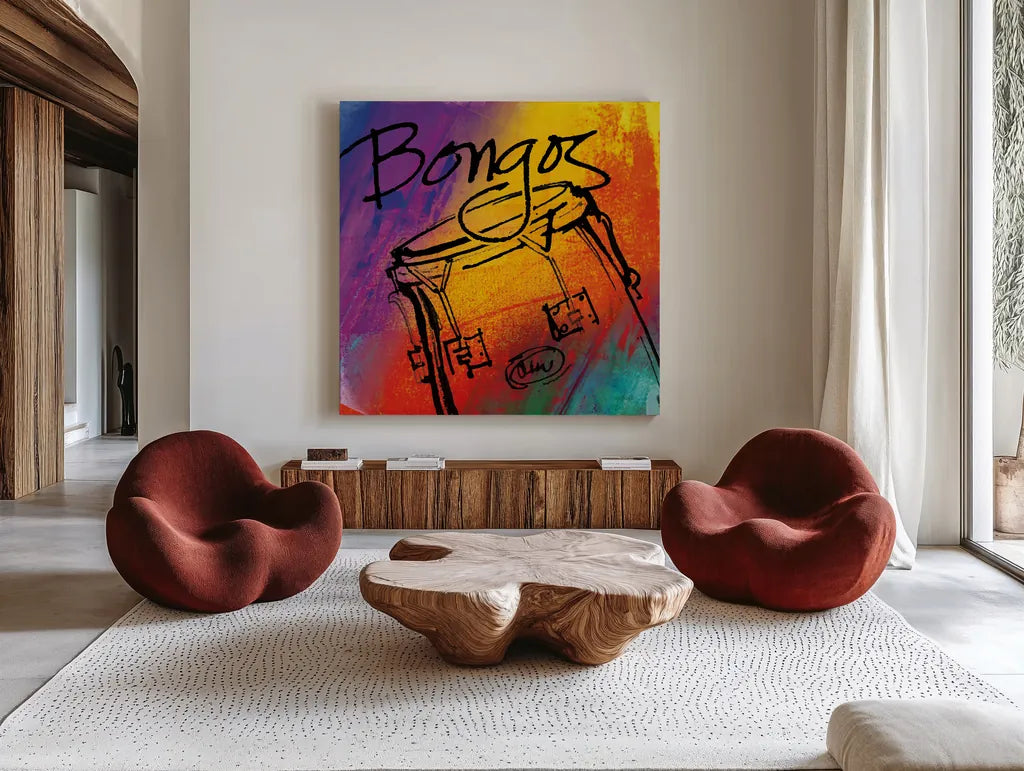 Bongo by Anne Tavoletti. Shown as extra-large giant wall art in a modern living room. Available as an archival giclee rolled canvas, fine art paper, or poster print. SKU 59273a.