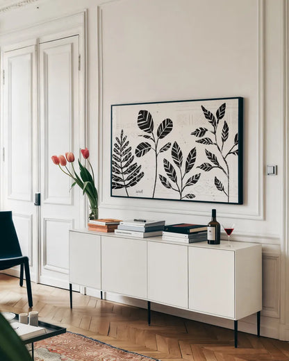 Botanical Sketches I by Anne Tavoletti. shown as a framed stretched canvas in a living room above a console. Available as a archival giclee rolled canvas, fine art paper, or poster print. SKU 72549i.