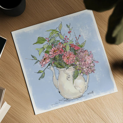 Bouquet in Pitcher by Anne Tavoletti. Shown as a detailed flat fine art print, highlighting archival giclee quality. Available as an archival giclee rolled canvas, fine art paper, or poster print. SKU 100593a.