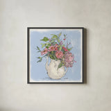 Bouquet in Pitcher by Anne Tavoletti. Shown in a sleek black glass frame for a contemporary gallery look. Available as an archival giclee rolled canvas, fine art paper, or poster print. SKU 100593a.