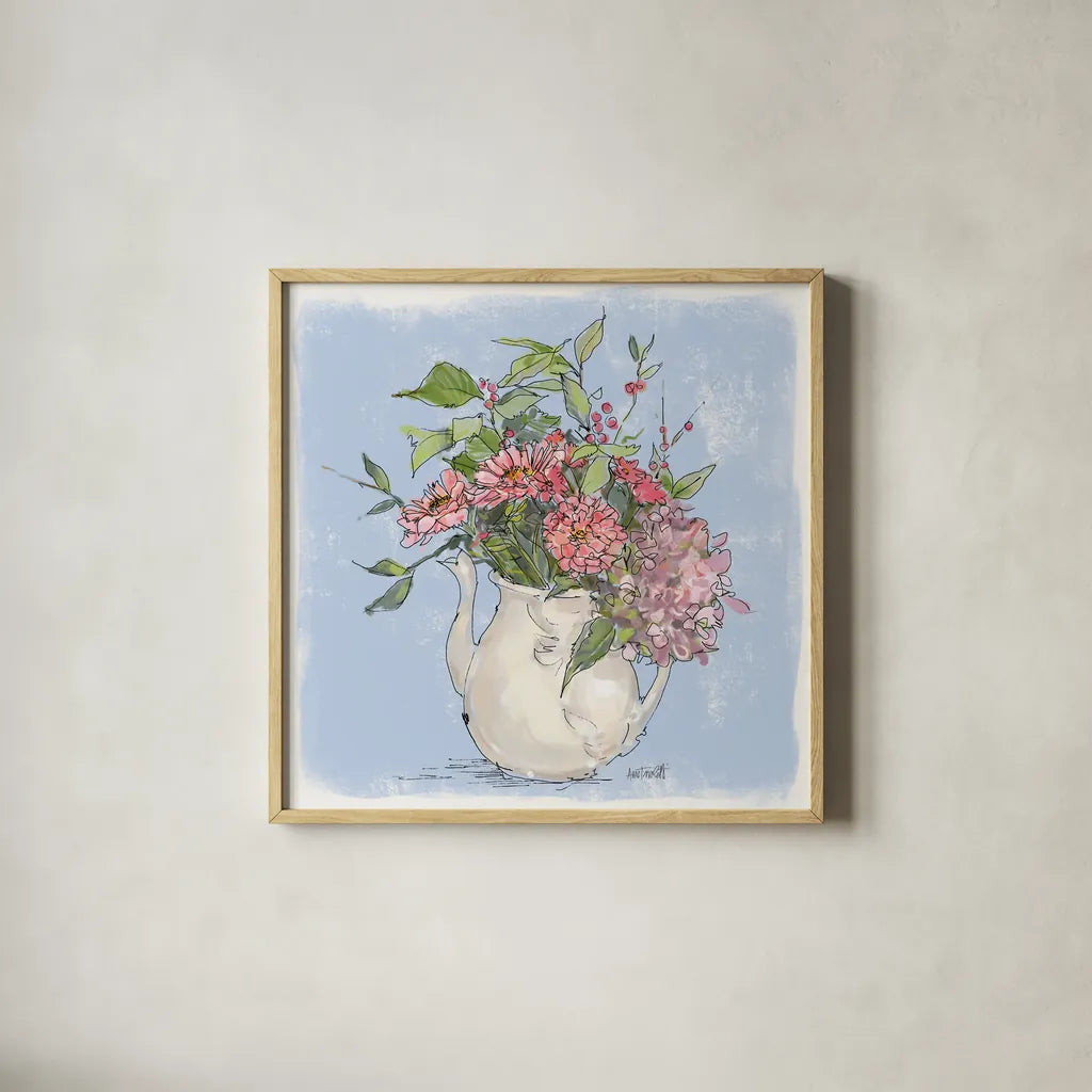 Bouquet in Pitcher by Anne Tavoletti. Shown in a natural wood glass frame for a timeless modern aesthetic. Available as an archival giclee rolled canvas, fine art paper, or poster print. SKU 100593a.