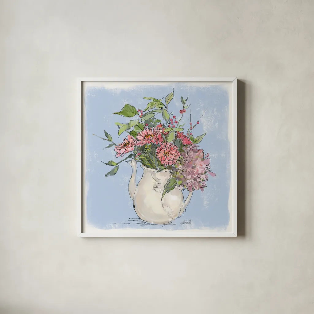 Bouquet in Pitcher by Anne Tavoletti. Shown in a crisp white glass frame for a clean and minimalist style. Available as an archival giclee rolled canvas, fine art paper, or poster print. SKU 100593a.