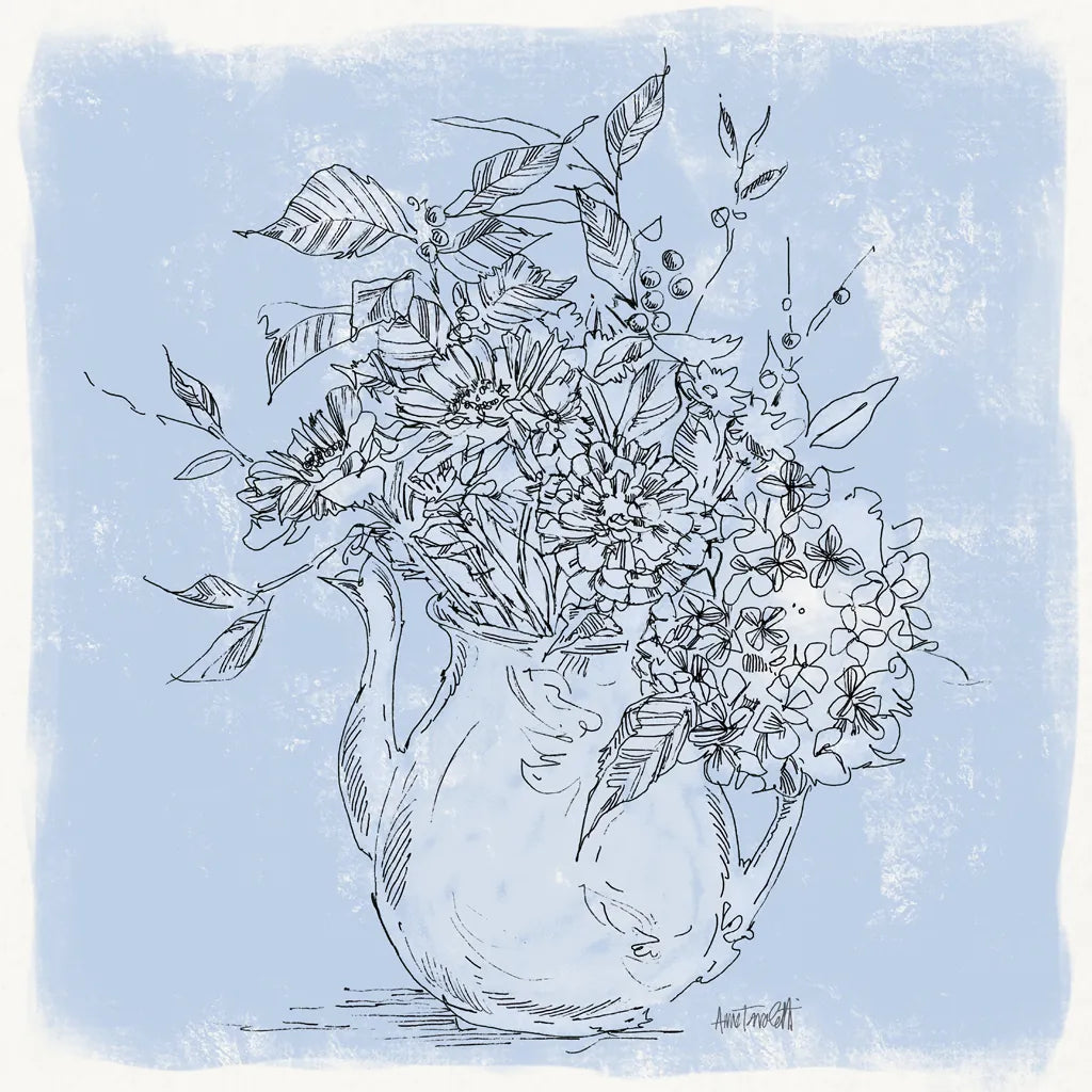 Bouquet in Pitcher Sketch by Anne Tavoletti. SKU 100594a. Archival Giclee Fine art print for wall decor.