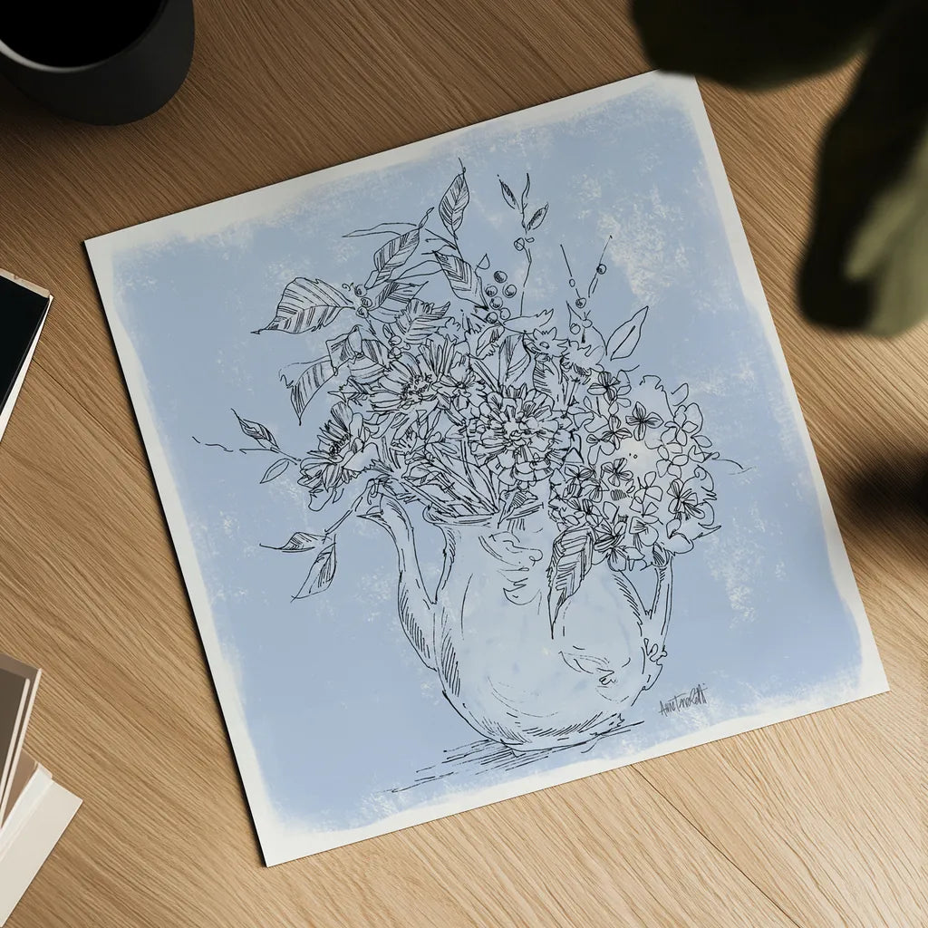 Bouquet in Pitcher Sketch by Anne Tavoletti. Shown as a detailed flat fine art print, highlighting archival giclee quality. Available as an archival giclee rolled canvas, fine art paper, or poster print. SKU 100594a.