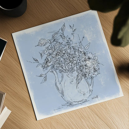 Bouquet in Pitcher Sketch by Anne Tavoletti. Shown as a detailed flat fine art print, highlighting archival giclee quality. Available as an archival giclee rolled canvas, fine art paper, or poster print. SKU 100594a.