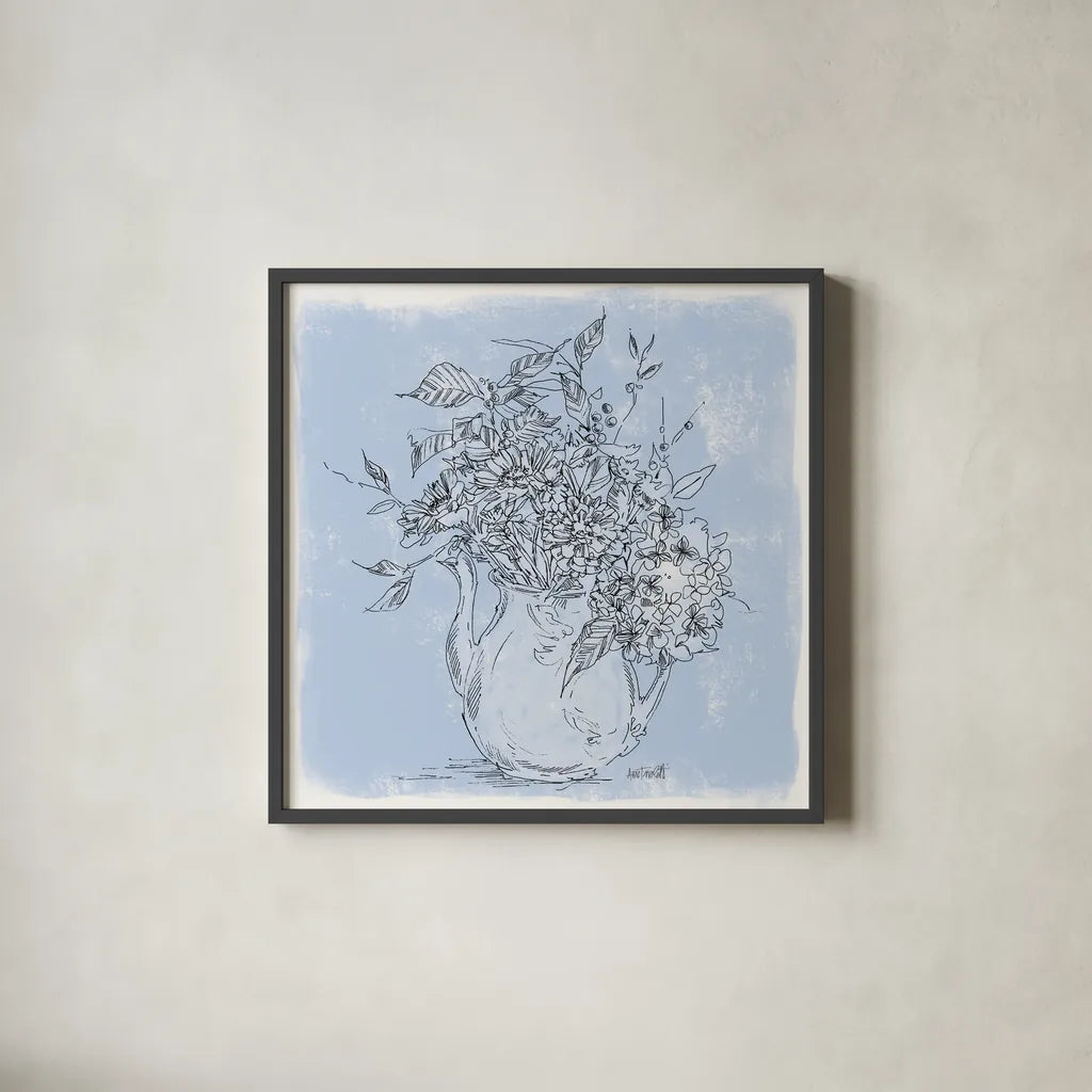 Bouquet in Pitcher Sketch by Anne Tavoletti. Shown in a sleek black glass frame for a contemporary gallery look. Available as an archival giclee rolled canvas, fine art paper, or poster print. SKU 100594a.