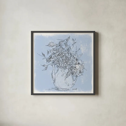 Bouquet in Pitcher Sketch by Anne Tavoletti. Shown in a sleek black glass frame for a contemporary gallery look. Available as an archival giclee rolled canvas, fine art paper, or poster print. SKU 100594a.