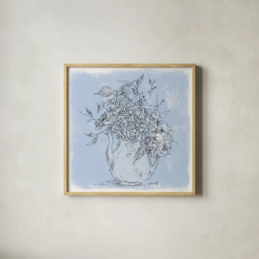 Bouquet in Pitcher Sketch by Anne Tavoletti. Shown in a natural wood glass frame for a timeless modern aesthetic. Available as an archival giclee rolled canvas, fine art paper, or poster print. SKU 100594a.