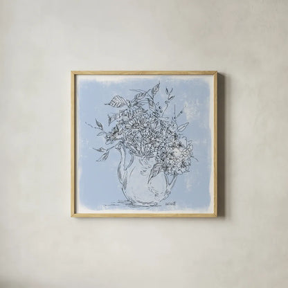 Bouquet in Pitcher Sketch by Anne Tavoletti. Shown in a natural wood glass frame for a timeless modern aesthetic. Available as an archival giclee rolled canvas, fine art paper, or poster print. SKU 100594a.