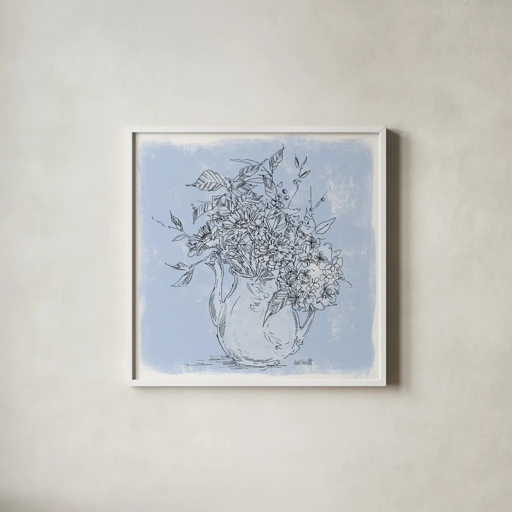 Bouquet in Pitcher Sketch by Anne Tavoletti. Shown in a crisp white glass frame for a clean and minimalist style. Available as an archival giclee rolled canvas, fine art paper, or poster print. SKU 100594a.