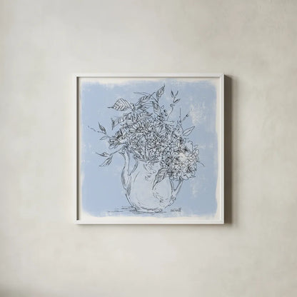 Bouquet in Pitcher Sketch by Anne Tavoletti. Shown in a crisp white glass frame for a clean and minimalist style. Available as an archival giclee rolled canvas, fine art paper, or poster print. SKU 100594a.