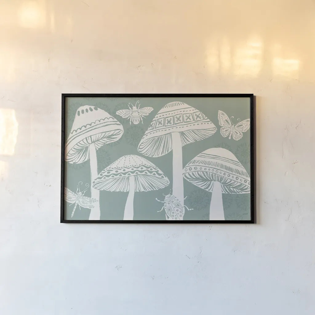 Bugs And Botanicals I by Anne Tavoletti. shown as a paper print in a black flame. Available as a archival giclee rolled canvas, fine art paper, or poster print. SKU 93823i.