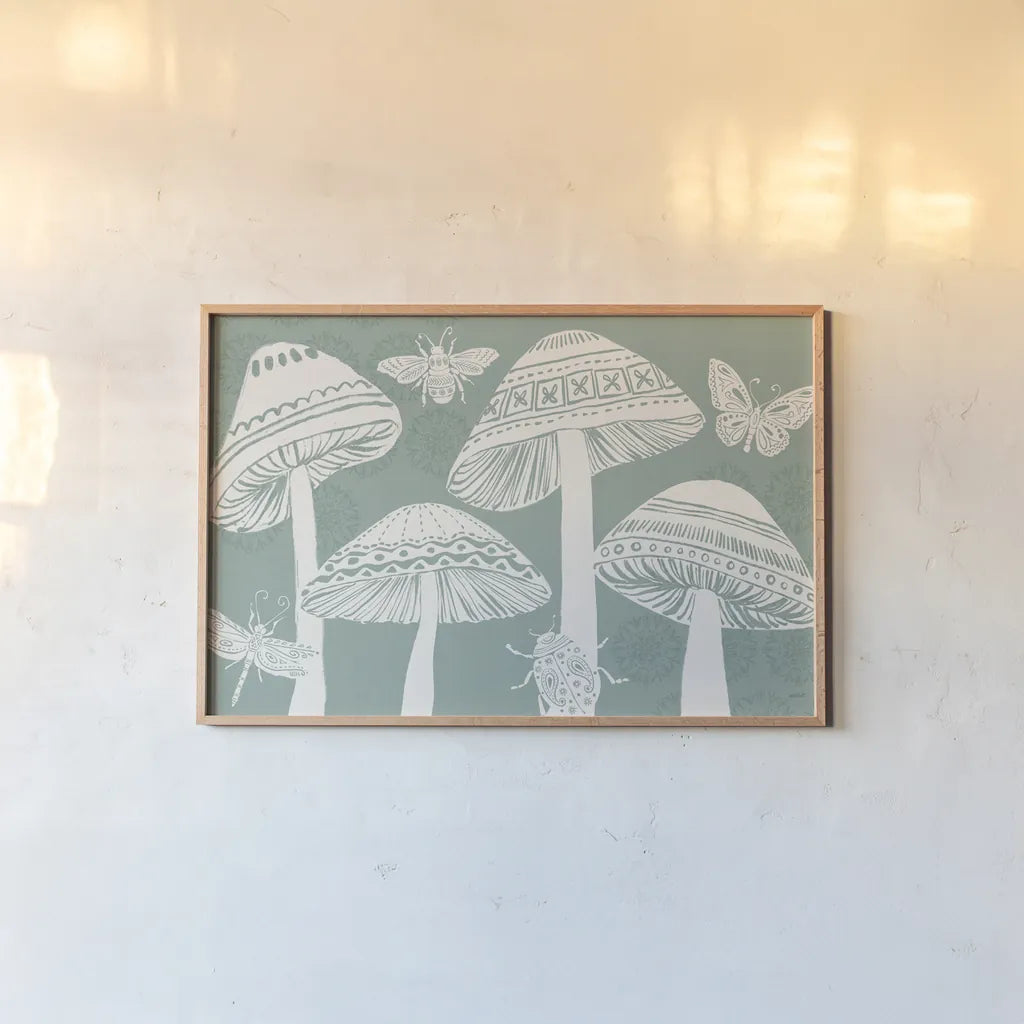 Bugs And Botanicals I by Anne Tavoletti. shown as a paper print in a natural frame. Available as a archival giclee rolled canvas, fine art paper, or poster print. SKU 93823i.