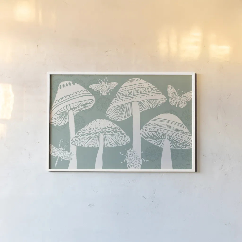 Bugs And Botanicals I by Anne Tavoletti. shown as a paper print in a white frame. Available as a archival giclee rolled canvas, fine art paper, or poster print. SKU 93823i.