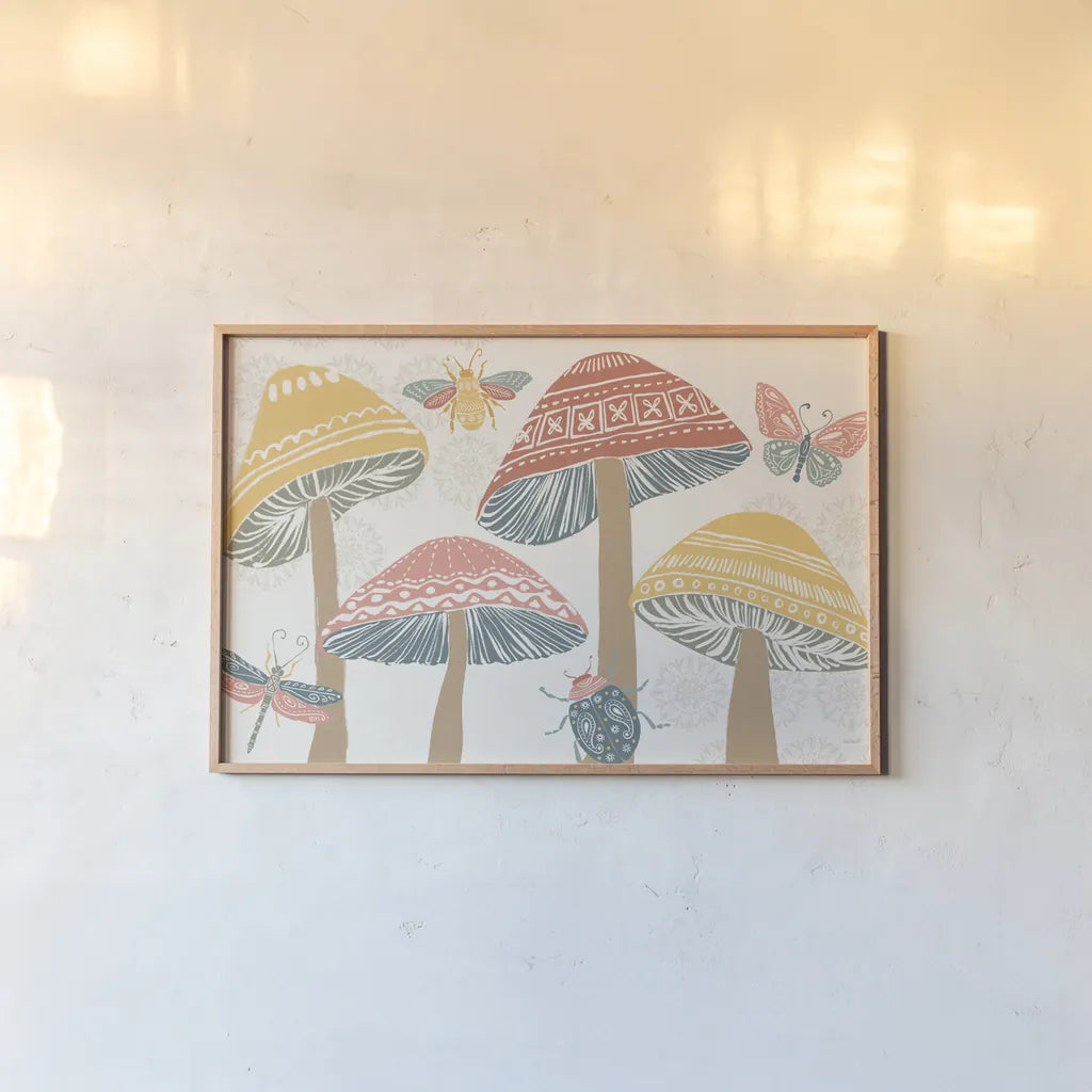 Bugs And Botanicals I Color by Anne Tavoletti. shown as a paper print in a natural frame. Available as a archival giclee rolled canvas, fine art paper, or poster print. SKU 93832i.