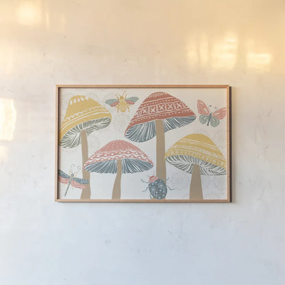 Bugs And Botanicals I Color by Anne Tavoletti. shown as a paper print in a natural frame. Available as a archival giclee rolled canvas, fine art paper, or poster print. SKU 93832i.