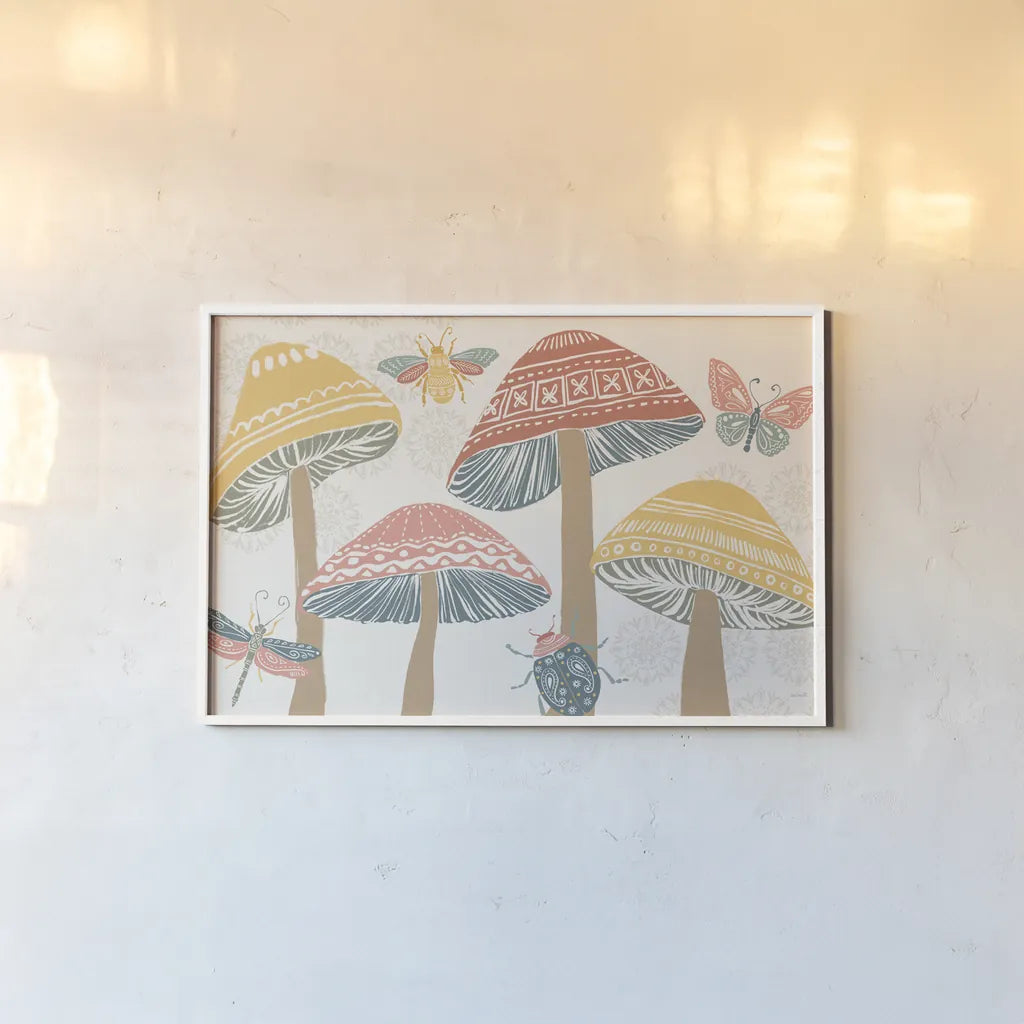 Bugs And Botanicals I Color by Anne Tavoletti. shown as a paper print in a white frame. Available as a archival giclee rolled canvas, fine art paper, or poster print. SKU 93832i.