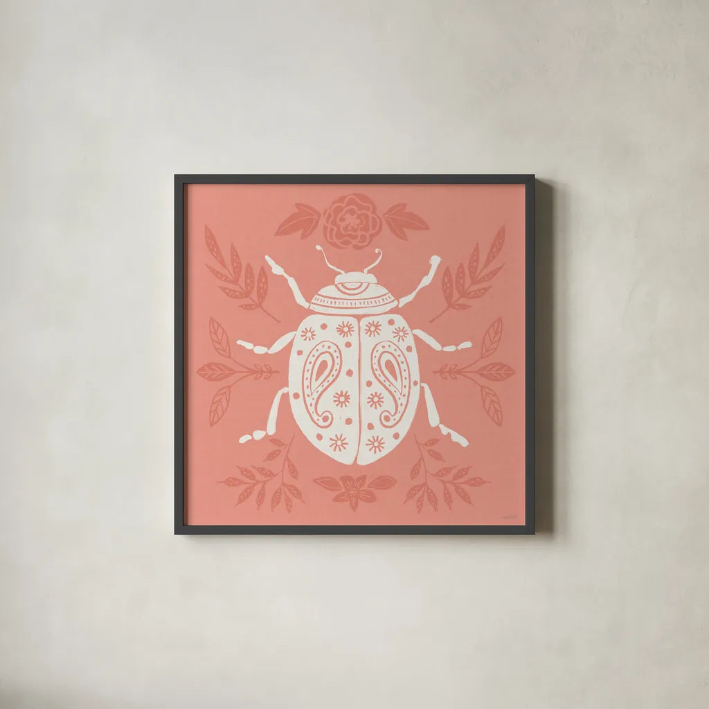 Bugs And Botanicals IV by Anne Tavoletti. Shown in a sleek black glass frame for a contemporary gallery look. Available as an archival giclee rolled canvas, fine art paper, or poster print. SKU 93826a.