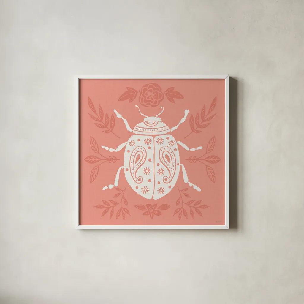 Bugs And Botanicals IV by Anne Tavoletti. Shown in a crisp white glass frame for a clean and minimalist style. Available as an archival giclee rolled canvas, fine art paper, or poster print. SKU 93826a.