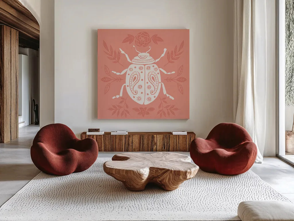 Bugs And Botanicals IV by Anne Tavoletti. Shown as extra-large giant wall art in a modern living room. Available as an archival giclee rolled canvas, fine art paper, or poster print. SKU 93826a.