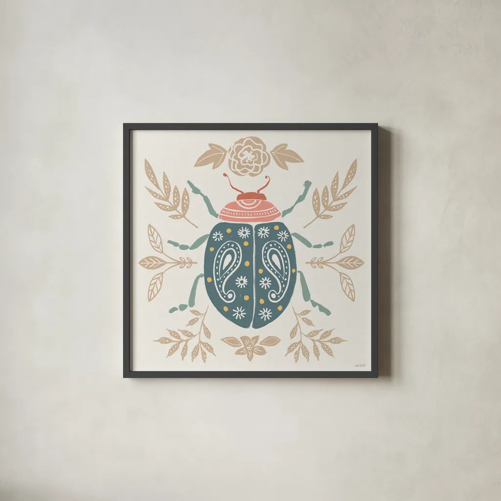 Bugs And Botanicals IV Color by Anne Tavoletti. Shown in a sleek black glass frame for a contemporary gallery look. Available as an archival giclee rolled canvas, fine art paper, or poster print. SKU 93835a.