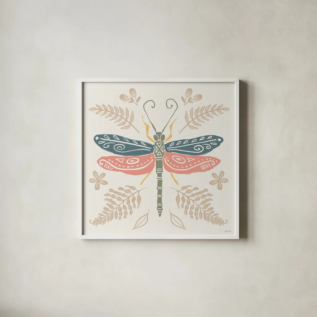 Bugs And Botanicals V Color by Anne Tavoletti. Shown in a crisp white glass frame for a clean and minimalist style. Available as an archival giclee rolled canvas, fine art paper, or poster print. SKU 93836a.