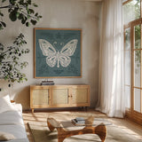Bugs And Botanicals VI by Anne Tavoletti. Shown in a natural wood frame in a cozy modern living room. Available as an archival giclee rolled canvas, fine art paper, or poster print. SKU 93828a.