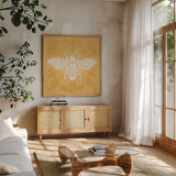 Bugs And Botanicals VII by Anne Tavoletti. Shown in a natural wood frame in a cozy modern living room. Available as an archival giclee rolled canvas, fine art paper, or poster print. SKU 93829a.